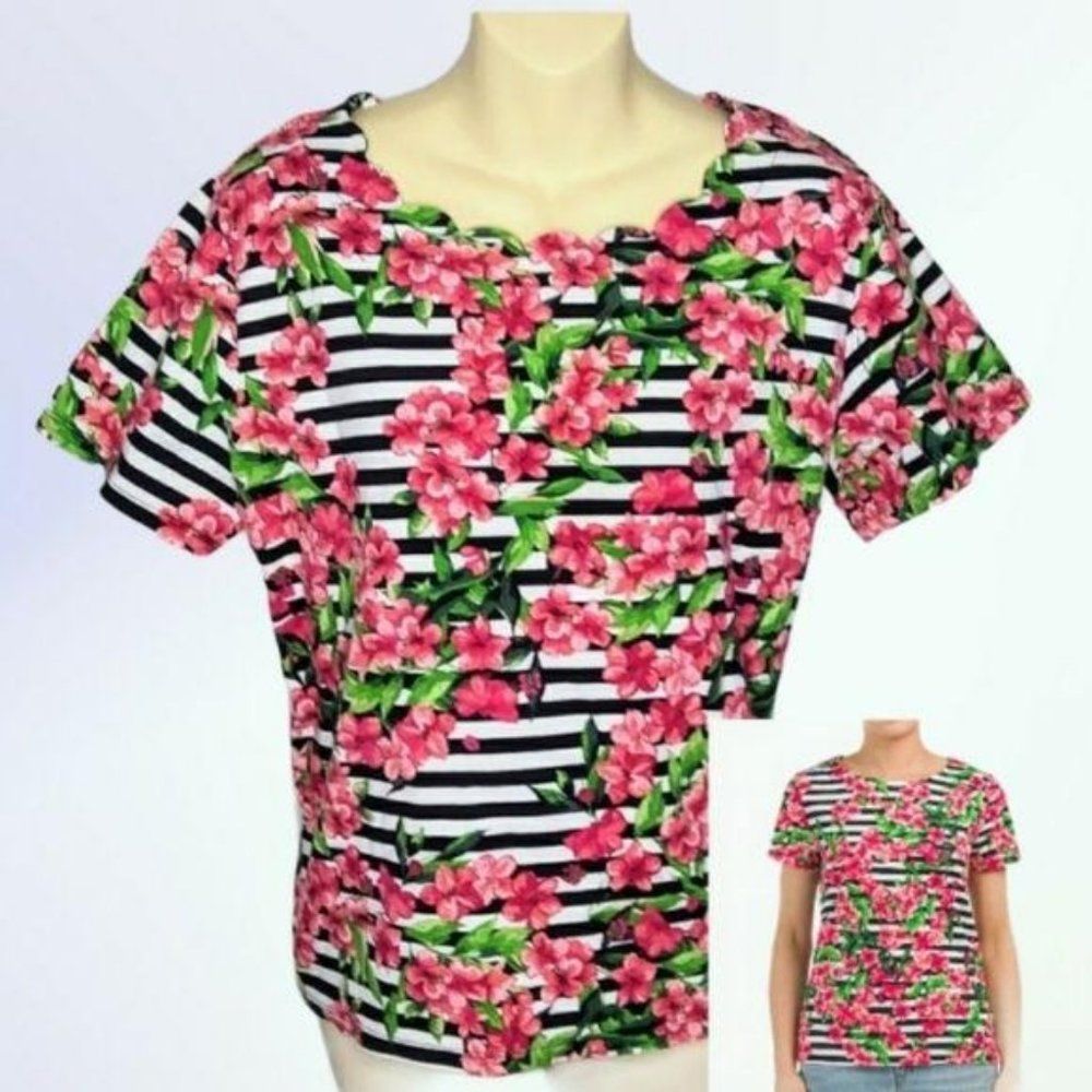 RAFAELLA Scallop Scoop Neck Stripes & Pink Floral Shell Top